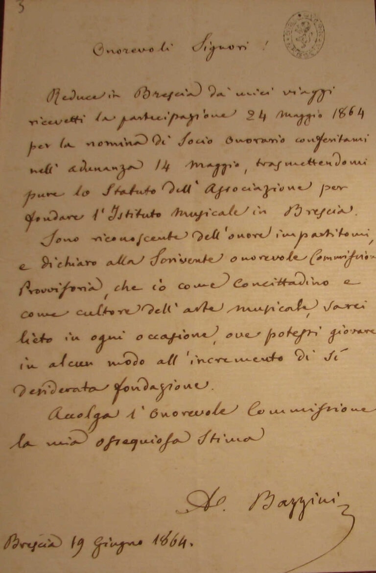 bazzini accetta la nomina a socio onorario del civico istituto filarmonico risultato